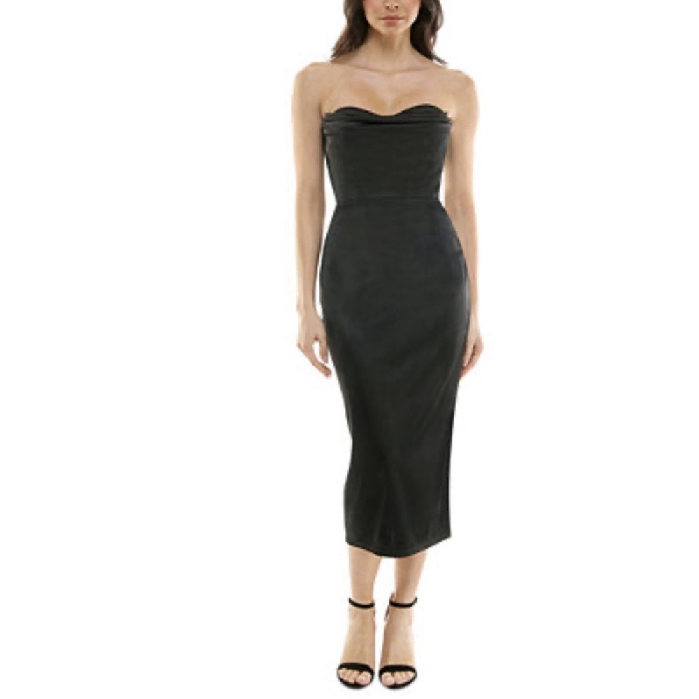 Katia Rae Strapless Satin MIDI Dress with Cowl Neckline Black Size Small NWT $69